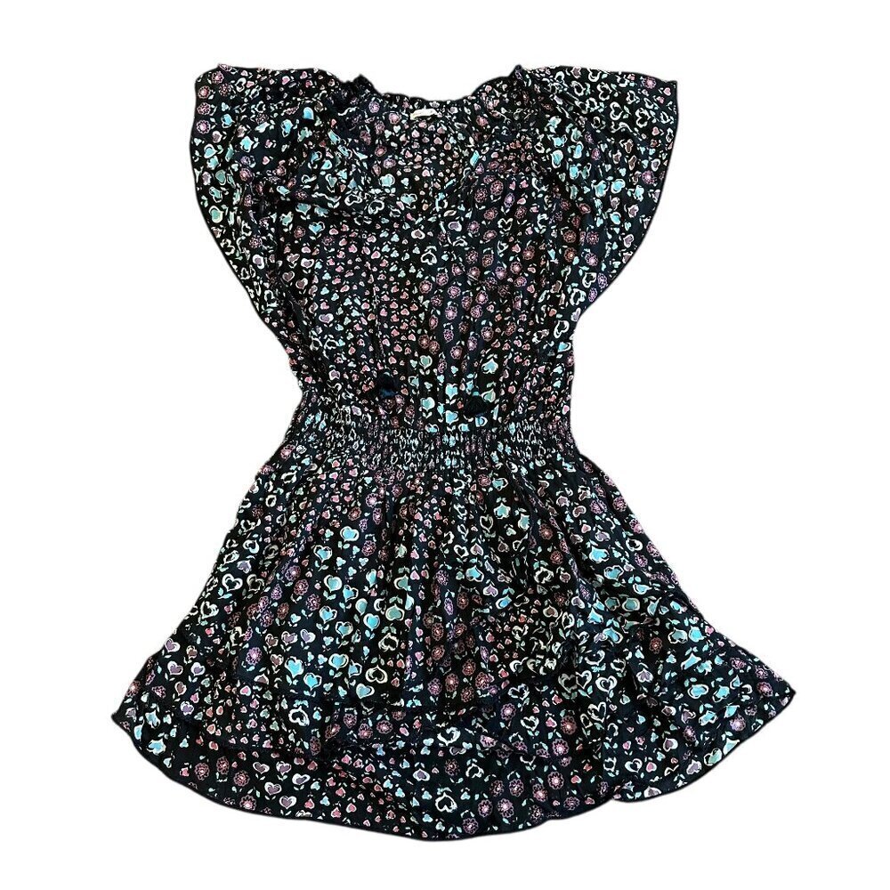 Poupette St. Barth Black Floral Heart Print Mini Dress Short Sleeves Size Small